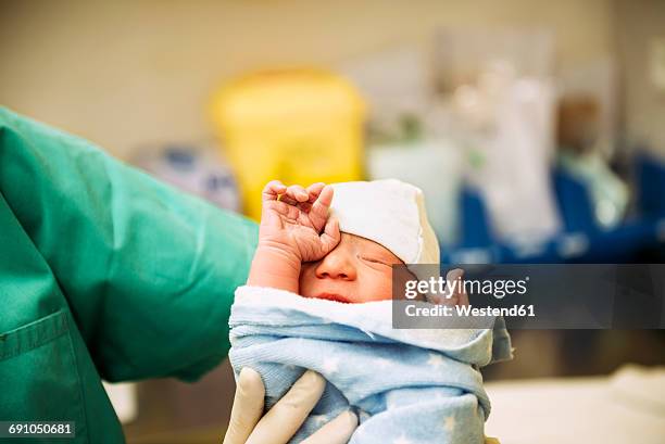 newborn girl wrapped in a towel holded by the doctor in the delivery room - service de maternité photos et images de collection