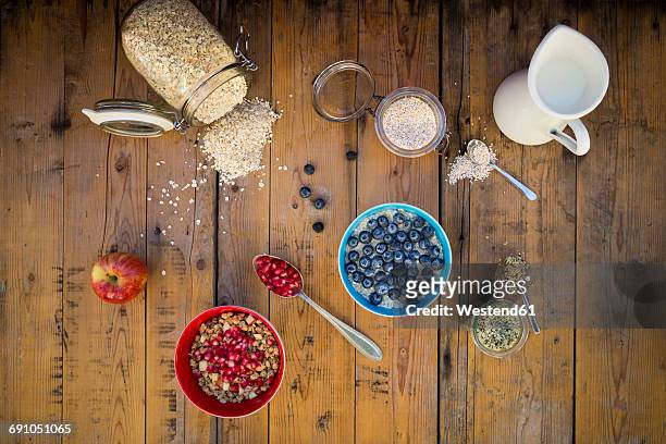 bowl of overnight oats with blueberries and bowl of granola with pomegranate seed and red apple on wood - hemp seed 個照片及圖片檔