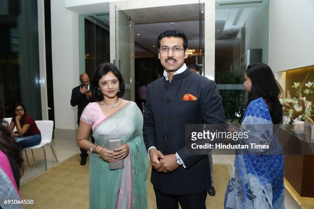 Minister of State for Information & Broadcasting Rajyavardhan Singh Rathore with his wife Gayatri during the Hindustan Times Game Changer Awards 2017...