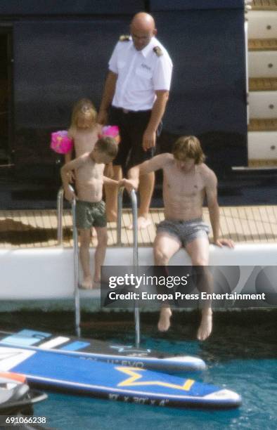 Real Madrid football player Luka Modric and his kids Ivano Modric, Ema Modric are seen on May 29, 2017 in Ibiza, Spain.