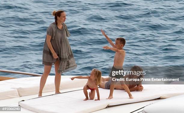 Real Madrid football player Luka Modric, his wife Vanja Bosnic Modric and his kids Ivano Modric, Ema Modric are seen on May 29, 2017 in Ibiza, Spain.