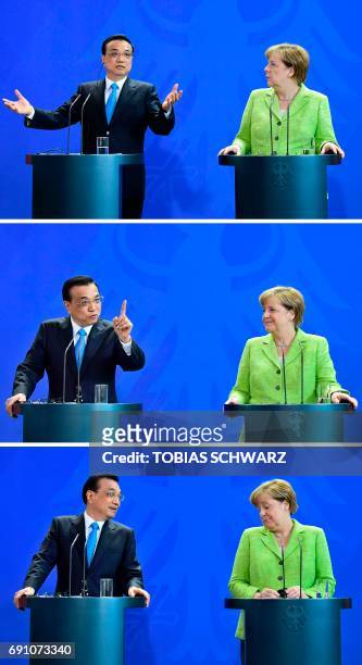 This combination of pictures taken on June 1, 2017 shows German Chancellor Angela Merkel and Chinese Prime Minister Li Keqiang giving a joint press...