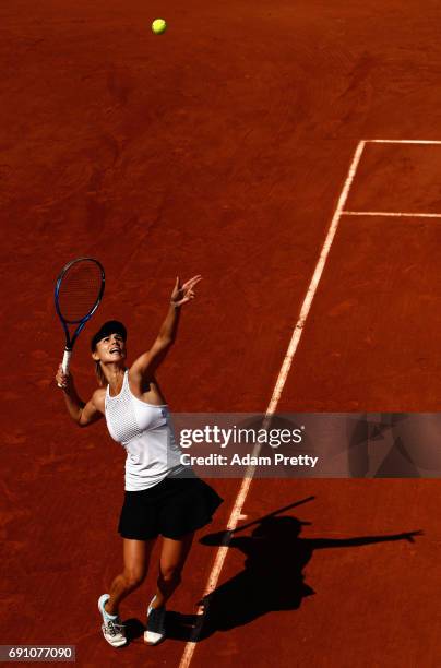 Tsvetana Pironkova of Bulgaria serves during the ladies singles second round match against Elina Svitolina of Ukraine on day five of the 2017 French...