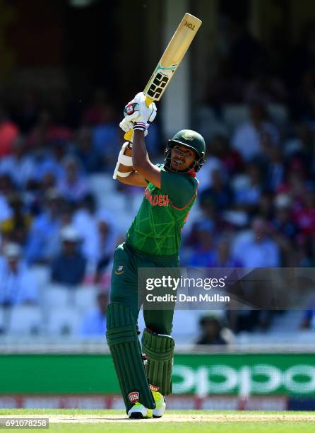 Soumya Sarkar of Bangladesh hits a six during the ICC Champions Trophy Group A match between England and Bangladesh at The Kia Oval on June 1, 2017...