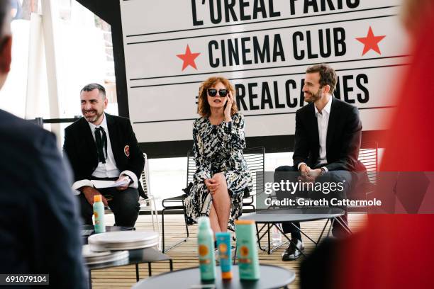 Susan Sarandon L'Oreal Global President Pierre Emmanuel Angeloglou and the Global L'Oreal Paris communication VP Remy Averna are photographed the...