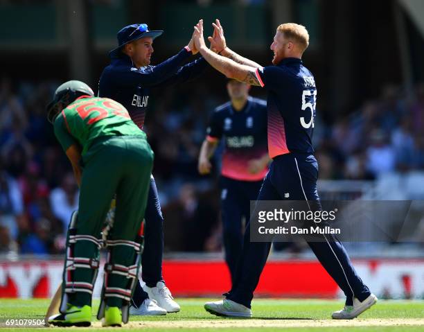 Ben Stokes of England celebrates taking the wicket of Soumya Sarkar of Bangladesh during the ICC Champions Trophy Group A match between England and...