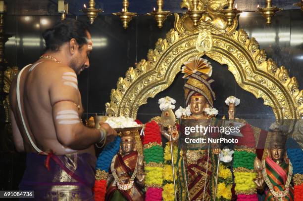 Tamil Hindu priest performs special prayers honouring Lord Murugan during a festival at a Tamil Hindu temple in Ontario, Canada.