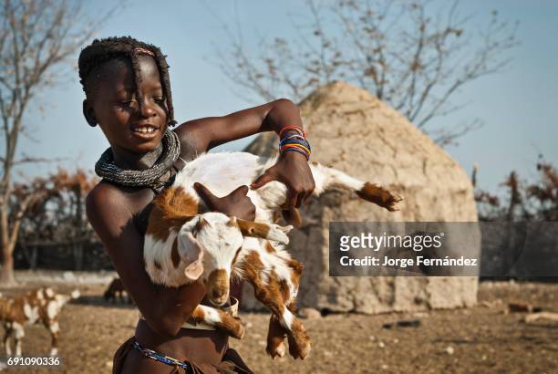 Himba girl with a goat in a village of mud huts.