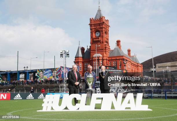 Ian Rush, UEFA Champions League final ambassador, Carwyn Jones , First Minister of Wales and Bob Derbyshire , Lord Mayor of Cardiff pose with the...