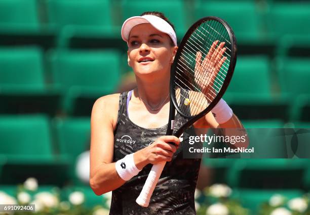 Agnieszka Radwanska of Poland celebrates victory during her match with Alison Van Uytvanck of Belgium on Day Five at Roland Garros on June 1, 2017 in...