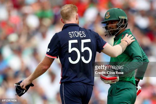 Ben Stokes of England has a heated discussion with Tamim Iqbal of Bangladesh during the ICC Champions trophy cricket match between England and...