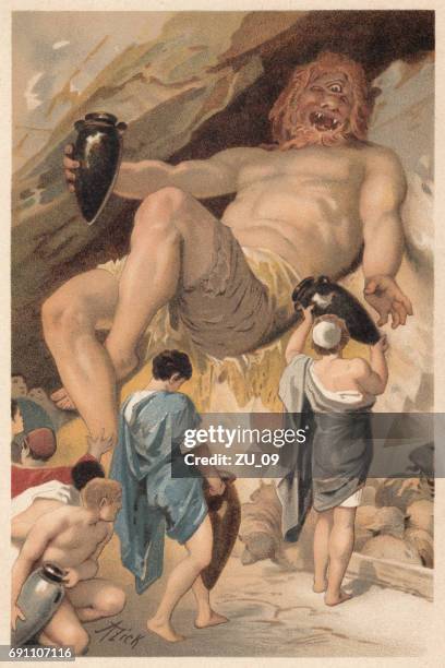 odysseus makes polyphemus drunk, greek mythology, lithograph, published 1897 - moth man stock illustrations