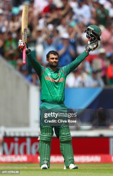 Tamim Iqbal Khan of Bangladesh celebrates his century during the ICC Champions Cup Group A match between England and Bangladesh at The Kia Oval on...