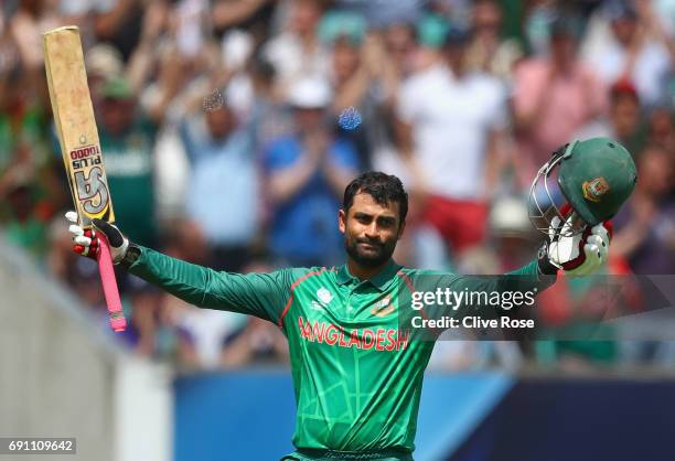 Tamim Iqbal Khan of Bangladesh celebrates his century during the ICC Champions Cup Group A match between England and Bangladesh at The Kia Oval on...