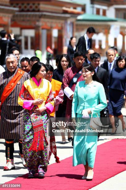 Japanese Princess Mako of Akishino is welcomed by Princess Eeuphelma Choden Wangchuck on arrival at Paro International Airport on June 1, 2017 in...