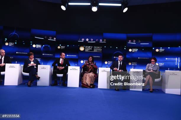 From left to right, Anton Siluanov, Russia's finance minister, Kristalina Georgieva, chief executive officer of World Bank Group, Eric Dugelay,...