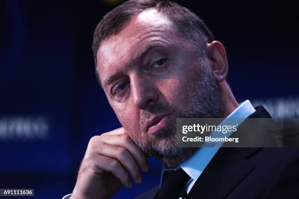 Oleg Deripaska, Russian billionaire and president of United Co. Rusal, pauses on the Bloomberg Television debate panel during the St. Petersburg...