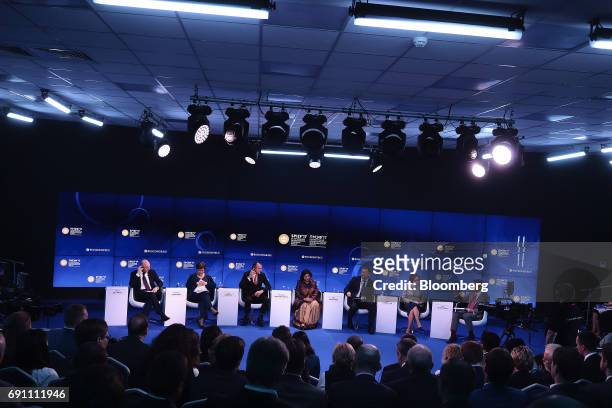 From left to right, Anton Siluanov, Russia's finance minister, Kristalina Georgieva, chief executive officer of World Bank Group, Eric Dugelay,...