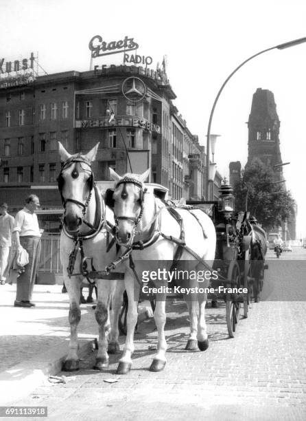 Voiture à cheval pour les touristes faisant le tour de la partie ouest de la ville, à Berlin, Allemagne, le 1er août 1960.
