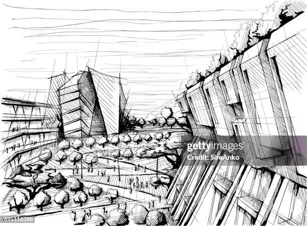 hand drawn black and white architecture - pavement construction stock illustrations