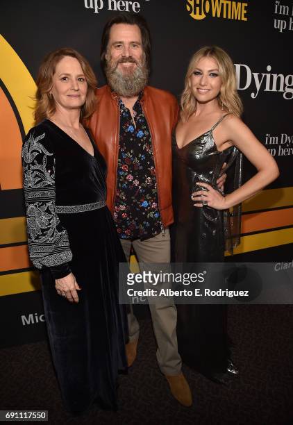 Actress Melissa Leo, executive producer Jim Carrey and actress Ari Graynor attend the premiere of Showtime's "I'm Dying Up Here" at the DGA Theater...