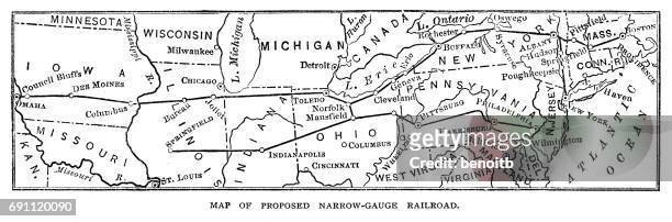 map of proposed narrow gauge railroad - united states map black and white stock illustrations