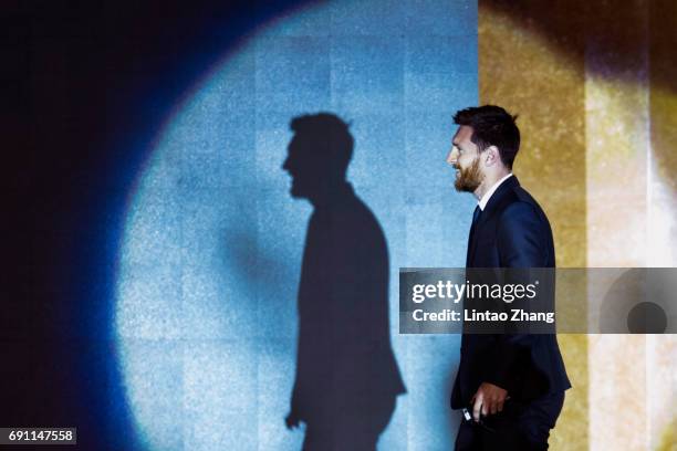 Barcelona's striker Lionel Messi attend the a news conference at China World Trade Center Grand Hotel on June 1, 2017 in Beijing, China. Messi...