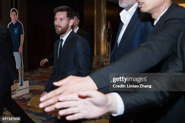 Barcelona's striker Lionel Messi attend the a news conference at China World Trade Center Grand Hotel on June 1, 2017 in Beijing, China. Messi...