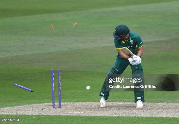 Dane Patterson of South Africa A is bowled by Sam Curran of England Lions during the One Day International match between England Lions and...