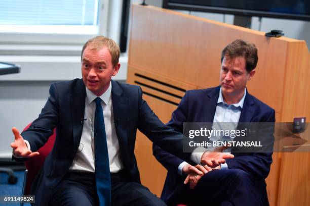 Liberal Democrat candidate for Sheffield Hallam and former party leader Nick Clegg and Liberal Democrat leader Tim Farron speak to staff at a Brexit...