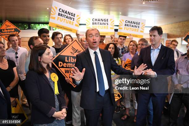 Liberal Democrats leader Tim Farron speaks as Nick Clegg MP and Liberal Democrat MP for Richmond Park Sarah Olney look on during a rally at the...