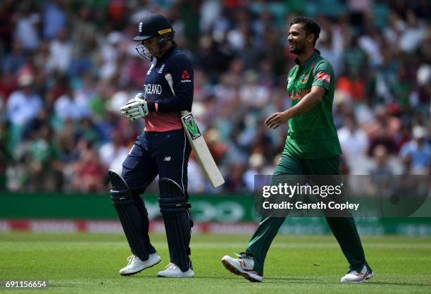 Jason Roy of England leaves the field after being dismissed by Mashrafe Mortaza of Bangladesh during the ICC Champions Trophy group match between...