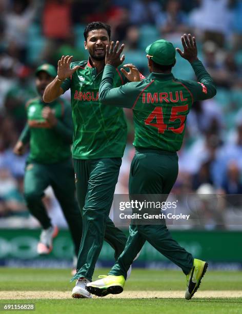 Mashrafe Mortaza of Bangladesh celebrates dismissing Jason Roy of England during the ICC Champions Trophy group match between England and Bangladesh...