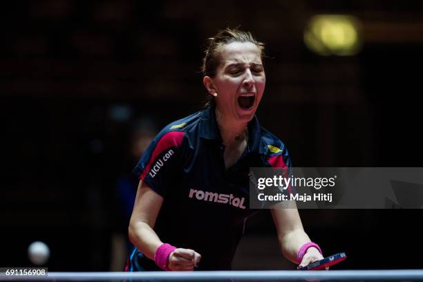 Elizabeth Samara of Rumania celebrates during Women Single second round at Table Tennis World Championship at Messe Duesseldorf on June 1, 2017 in...