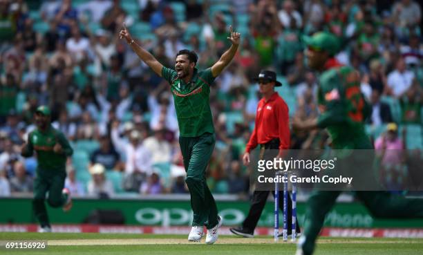 Mashrafe Mortaza of Bangladesh celebrates dismissing Jason Roy of England during the ICC Champions Trophy group match between England and Bangladesh...