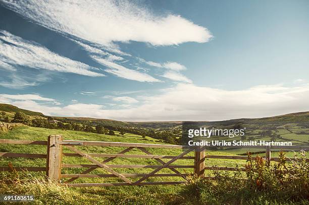 idyllica rural scene with wooden fence and fields - rural scene photos et images de collection
