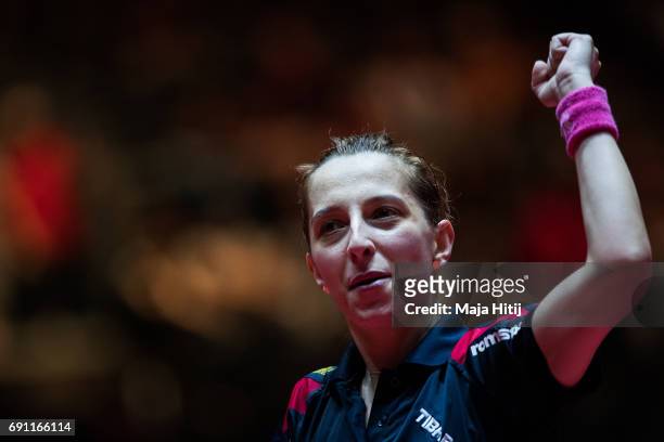 Elizabeth Samara of Rumania celebrates during Women Single second round at Table Tennis World Championship at Messe Duesseldorf on June 1, 2017 in...