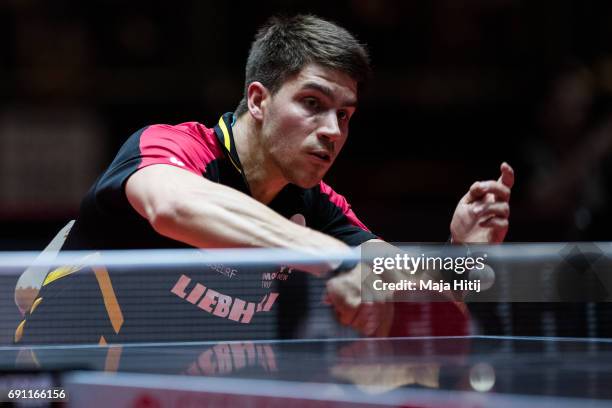 Patrick Franziska of Germany hits a shot during Men Single second round at Table Tennis World Championship at Messe Duesseldorf on June 1, 2017 in...