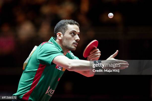 Marcos Freitas of Portugal hits a shot during Men Single second round at Table Tennis World Championship at Messe Duesseldorf on June 1, 2017 in...