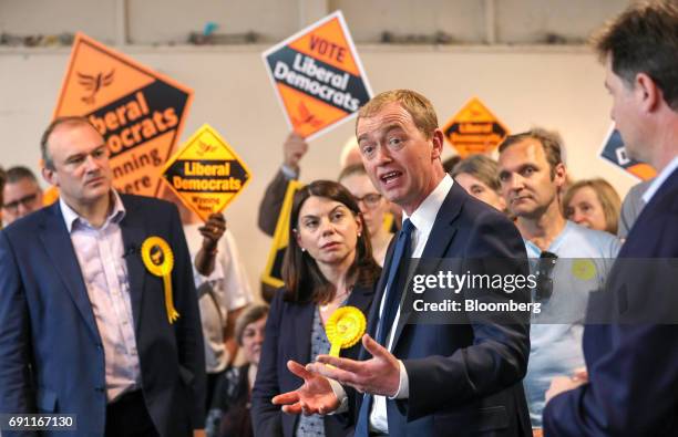 Tim Farron, leader of the Liberal Democrats, speaks during a general election campaign event in Kingston-upon-Thames, U.K., on Thursday, June 1,...