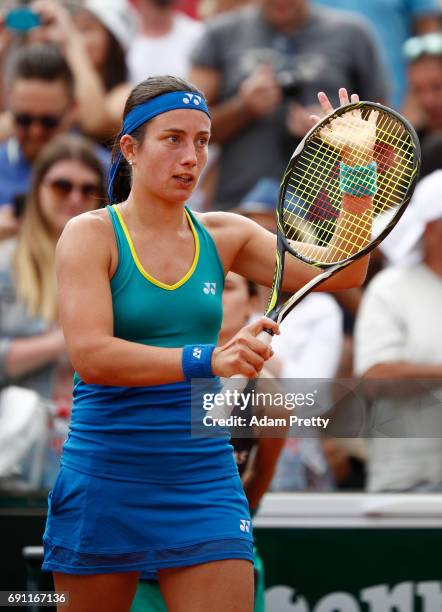 Anastasija Sevastova of Latvia celebrates victory during the ladies singles second round match against Eugenie Bouchard of Canada on day five of the...