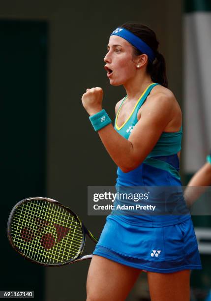 Anastasija Sevastova of Latvia celebrates victory during the ladies singles second round match against Eugenie Bouchard of Canada on day five of the...