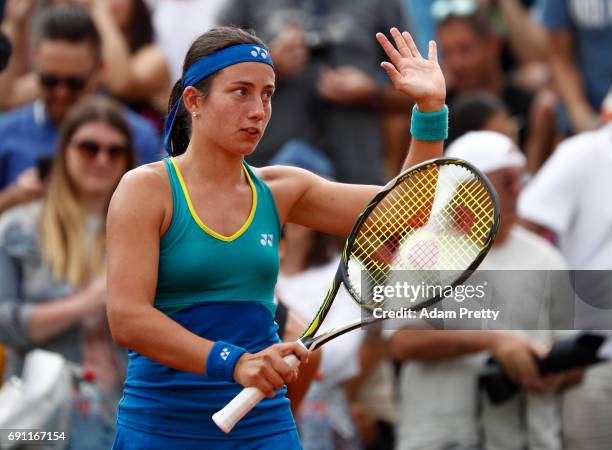 Anastasija Sevastova of Latvia celebrates victory during the ladies singles second round match against Eugenie Bouchard of Canada on day five of the...