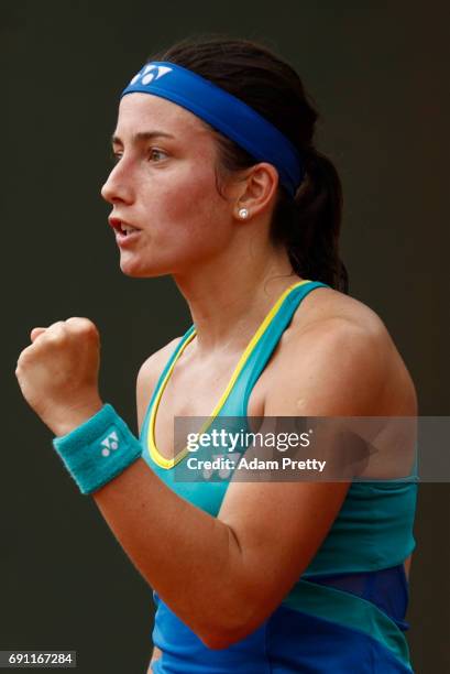 Anastasija Sevastova of Latvia celebrates victory during the ladies singles second round match against Eugenie Bouchard of Canada on day five of the...