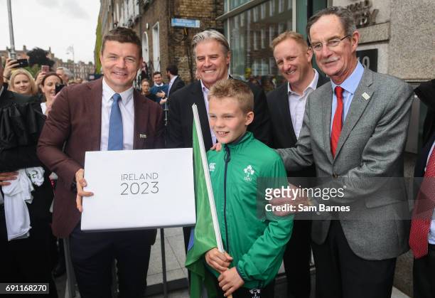 Dublin , Ireland - 6 June 2017; Bid ambassador Brian ODriscoll, left, Ireland 2023 Oversight Board member Dick Spring, right, and Bid Kid Alex Place...