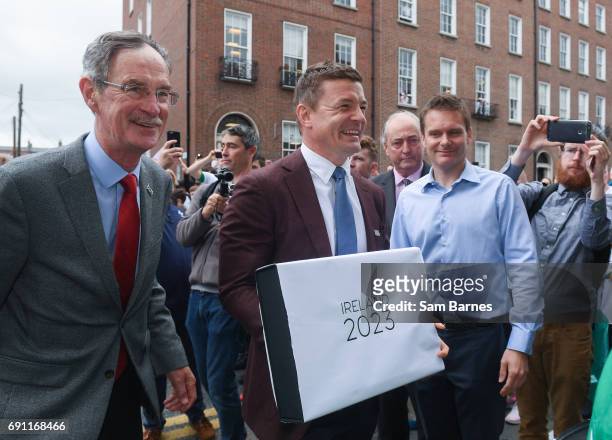 Dublin , Ireland - 1 June 2017; Oversight Board member Dick Spring, left, and bid ambassador Brian ODriscoll arrive to hand in the IRFU Rugby bid...