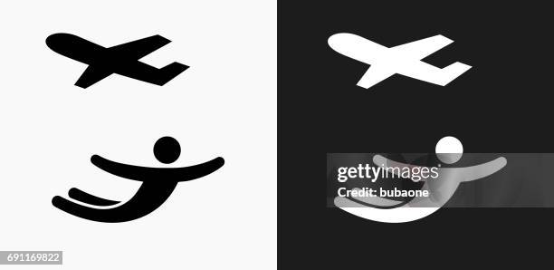 skydiving icon on black and white vector backgrounds - sky diving white background stock illustrations