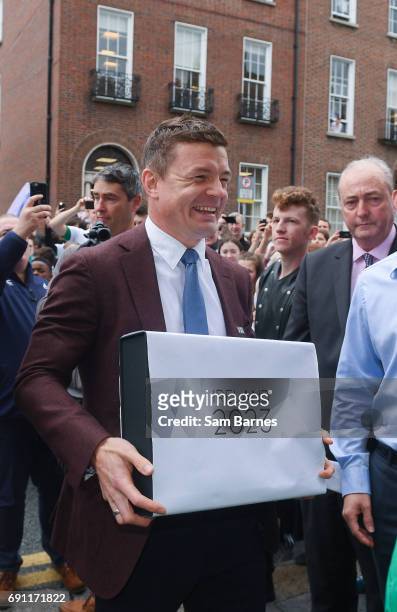 Dublin , Ireland - 1 June 2017; Bid ambassador Brian ODriscoll arrives to hand in the IRFU Rugby bid submission for the 2023 Rugby World Cup to Brett...