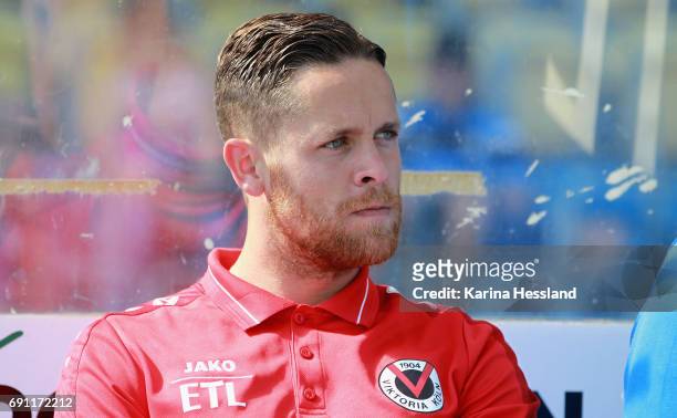 Mike Wunderlich of Koeln on the bench during the Third League Playoff Leg Two between FC Carl Zeiss Jena and Viktoria Koeln on June 01, 2017 at...
