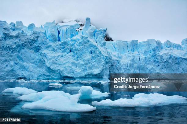 Glaciers by the sea on a cloudy day.